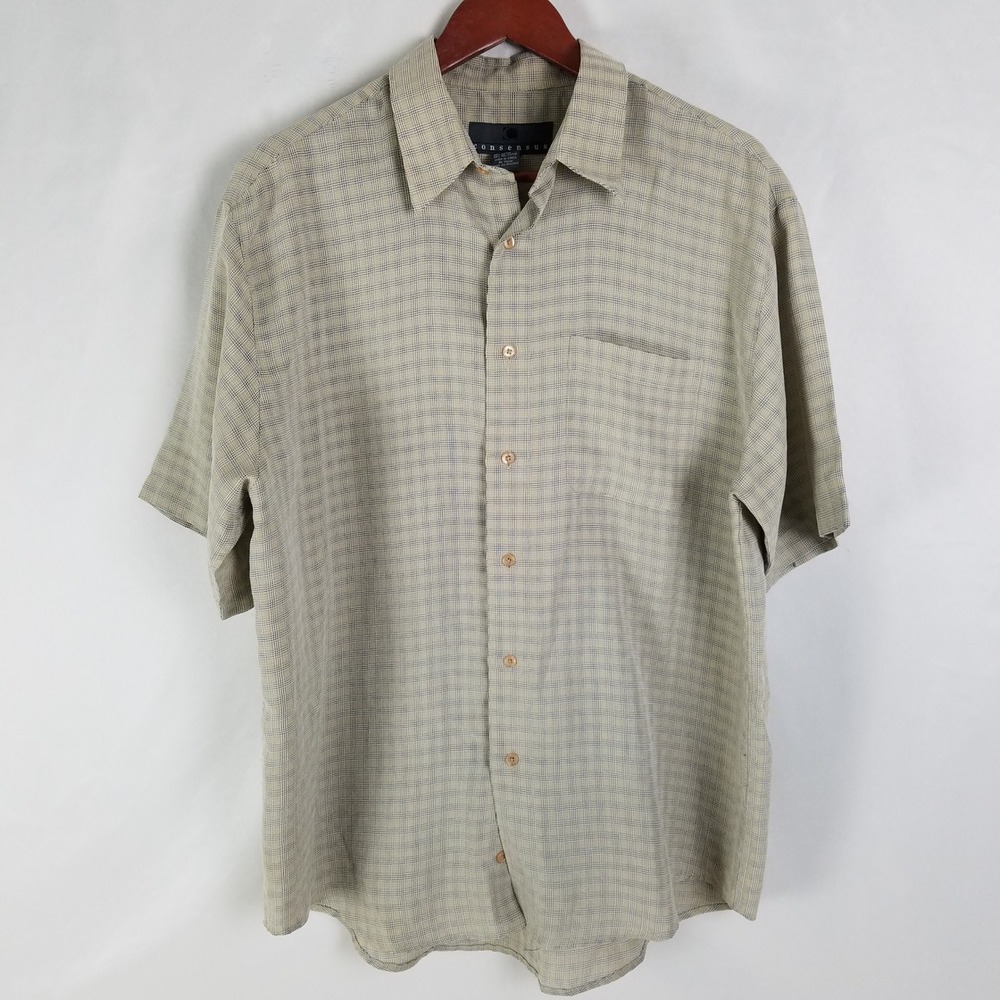 Consensus Mens Large Beige Black Plaid Short‎ Sleeve Button Up Shirt Pocket
